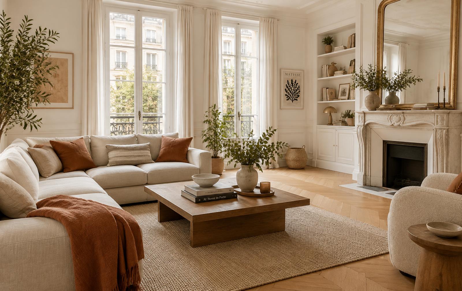 Salon lumineux rénové avec parquet en chêne et touches terracotta